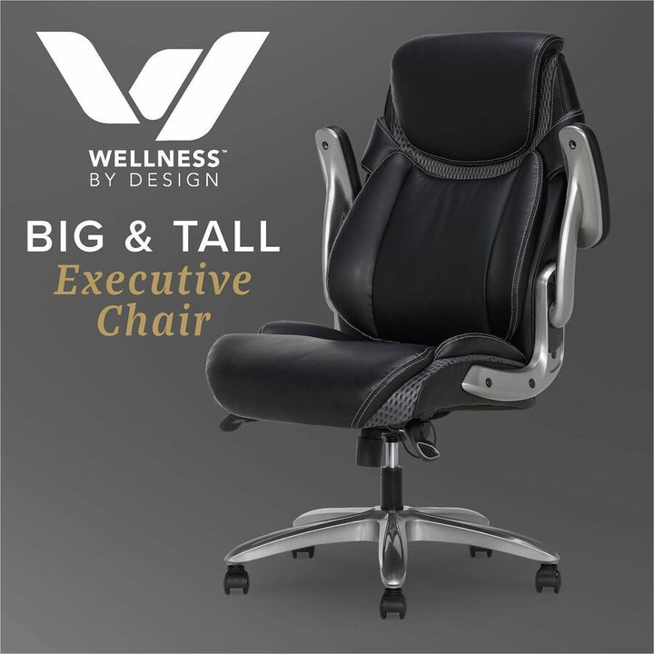 Image of Lorell 47923 Lumbar Foam Executive Chair, 5-star Base, Black, Memory Foam, Bonded Leather, Armrest, 1 Each