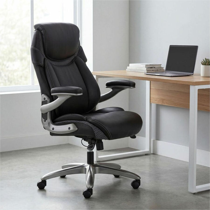 Image of Lorell 47923 Lumbar Foam Executive Chair, 5-star Base, Black, Memory Foam, Bonded Leather, Armrest, 1 Each