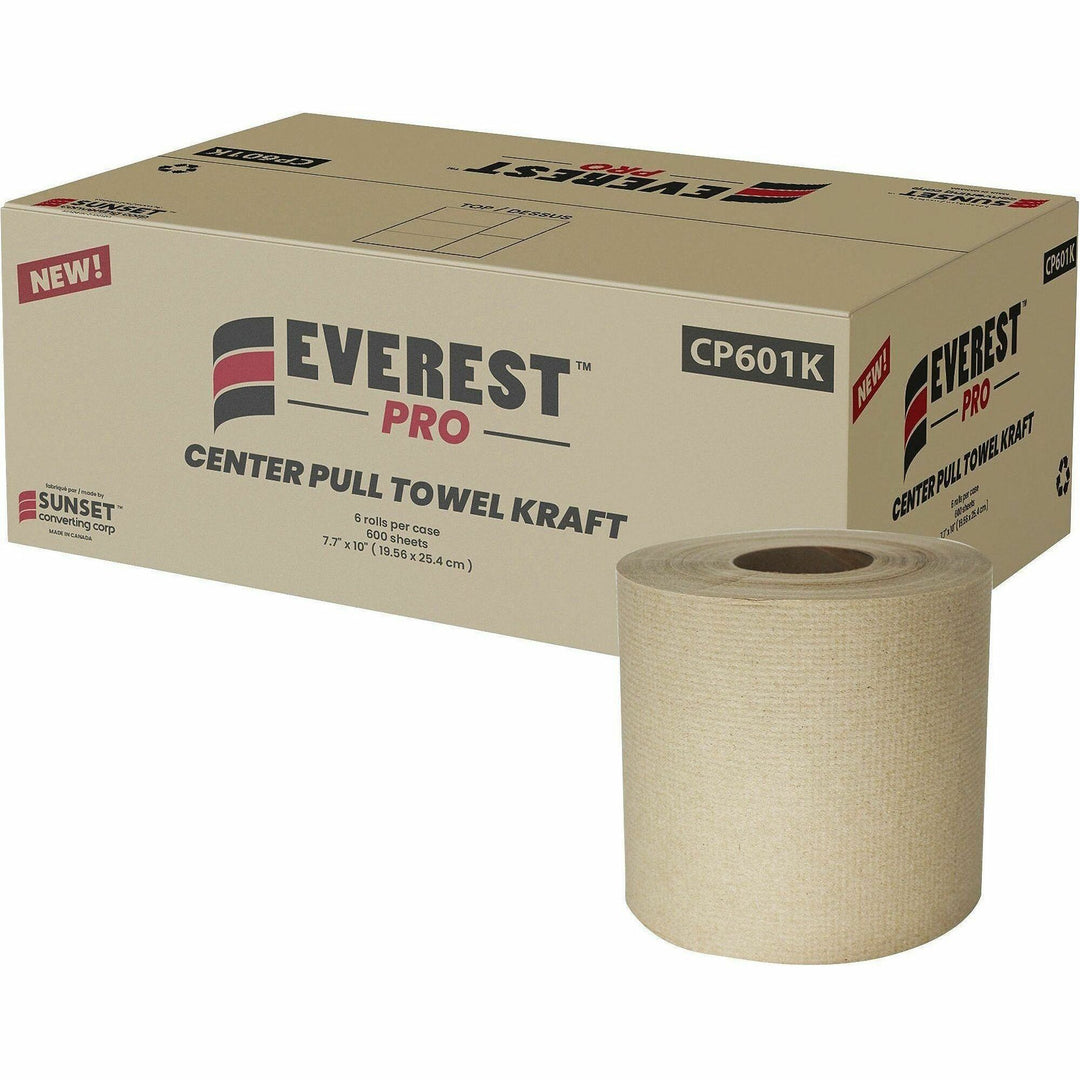 Image of Everest CP601KFSC Center-Pull Paper Towels, 2 Ply, 600 Sheets/Roll, Natural, Paper, Kraft, 6 / Carton