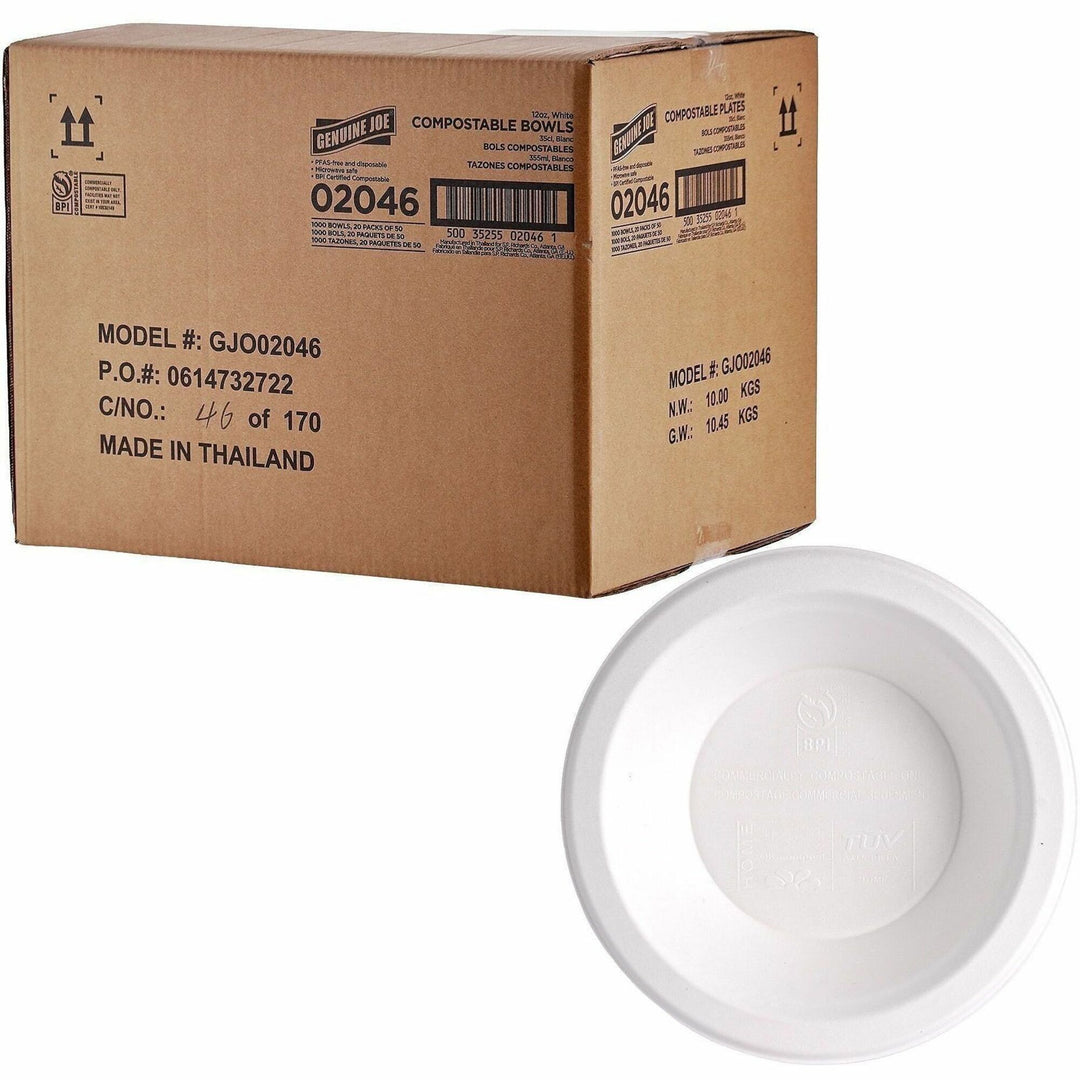 Image of Genuine Joe 02046 BPI Certified Compostable Paper Bowl, Breakroom, Food, Disposable, Microwave Safe, White, Sugarcane, Paper Body, 1 Carton