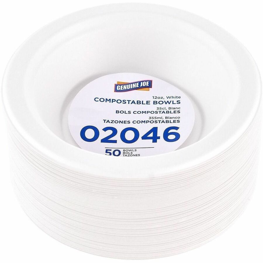 Image of Genuine Joe 02046 BPI Certified Compostable Paper Bowl, Breakroom, Food, Disposable, Microwave Safe, White, Sugarcane, Paper Body, 1 Carton