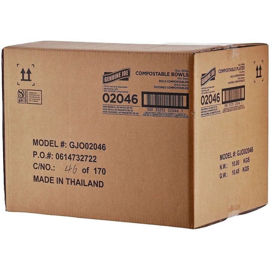 Image of Genuine Joe 02046 BPI Certified Compostable Paper Bowl, Breakroom, Food, Disposable, Microwave Safe, White, Sugarcane, Paper Body, 1 Carton