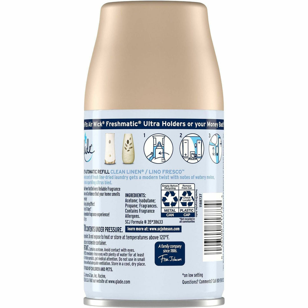 Image of Glade Clean Linen 389374 Automatic Spray Refills, Spray, 6.2 fl oz (0.2 quart), Clean Linen, 60 Day, Long Lasting, 1 Each