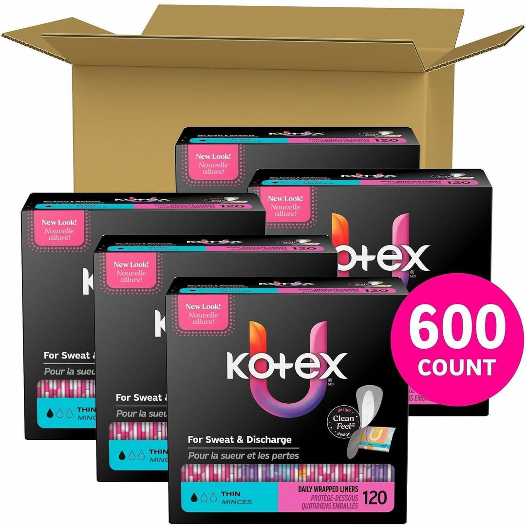 Image of U by Kotex 58311CT Wrapped Panty Liners, Light, Absorbent, Individually Wrapped, Odor-absorbing, Chlorine-free, 120 Liners/Box, 5 / Carton