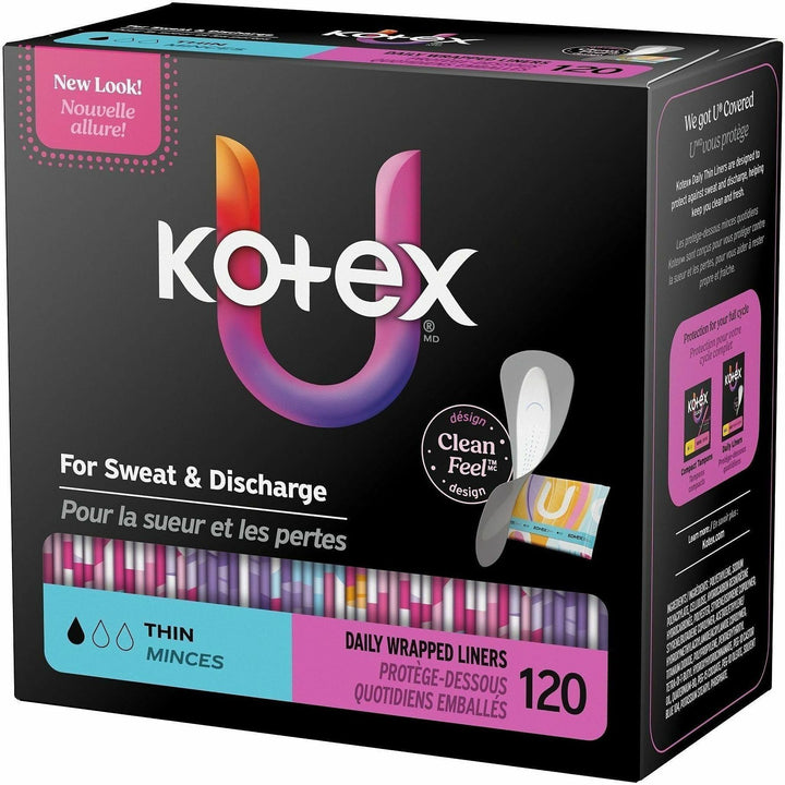 Image of U by Kotex 58311CT Wrapped Panty Liners, Light, Absorbent, Individually Wrapped, Odor-absorbing, Chlorine-free, 120 Liners/Box, 5 / Carton