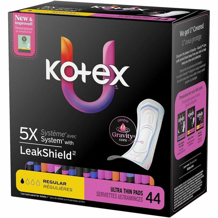 Image of U by Kotex 58246 Ultra-Thin Period Pads, Regular, Absorbent, Anti-leak, Hypoallergenic, Chlorine-free, Comfortable, 44 / Box