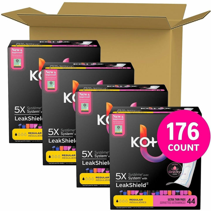Image of U by Kotex 58246CT Ultra-Thin Period Pads, Regular, Absorbent, Anti-leak, Hypoallergenic, Chlorine-free, Comfortable, 44/Box, 4 / Carton