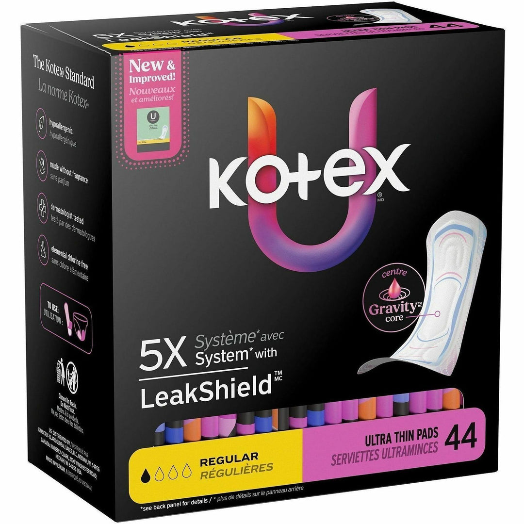 Image of U by Kotex 58246CT Ultra-Thin Period Pads, Regular, Absorbent, Anti-leak, Hypoallergenic, Chlorine-free, Comfortable, 44/Box, 4 / Carton