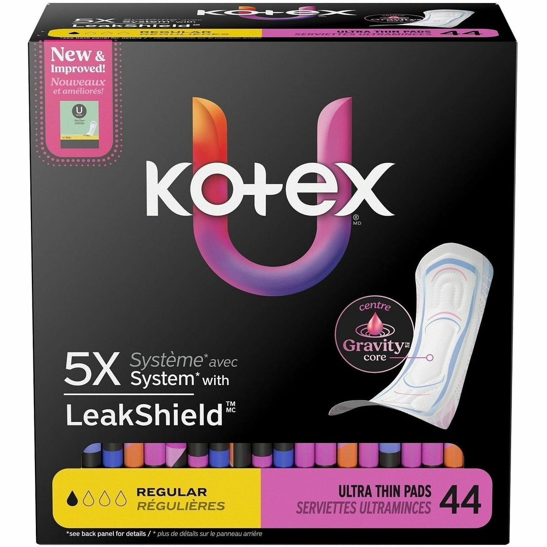 Image of U by Kotex 58246CT Ultra-Thin Period Pads, Regular, Absorbent, Anti-leak, Hypoallergenic, Chlorine-free, Comfortable, 44/Box, 4 / Carton