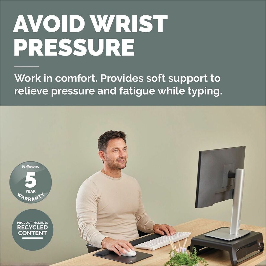 Image of Fellowes 100145415 Breyta Keyboard Wrist Rest, Black, 0.68" H x 2.36" W x 18.50" Depth, Black, Dust Resistant, Keyboard, Retail