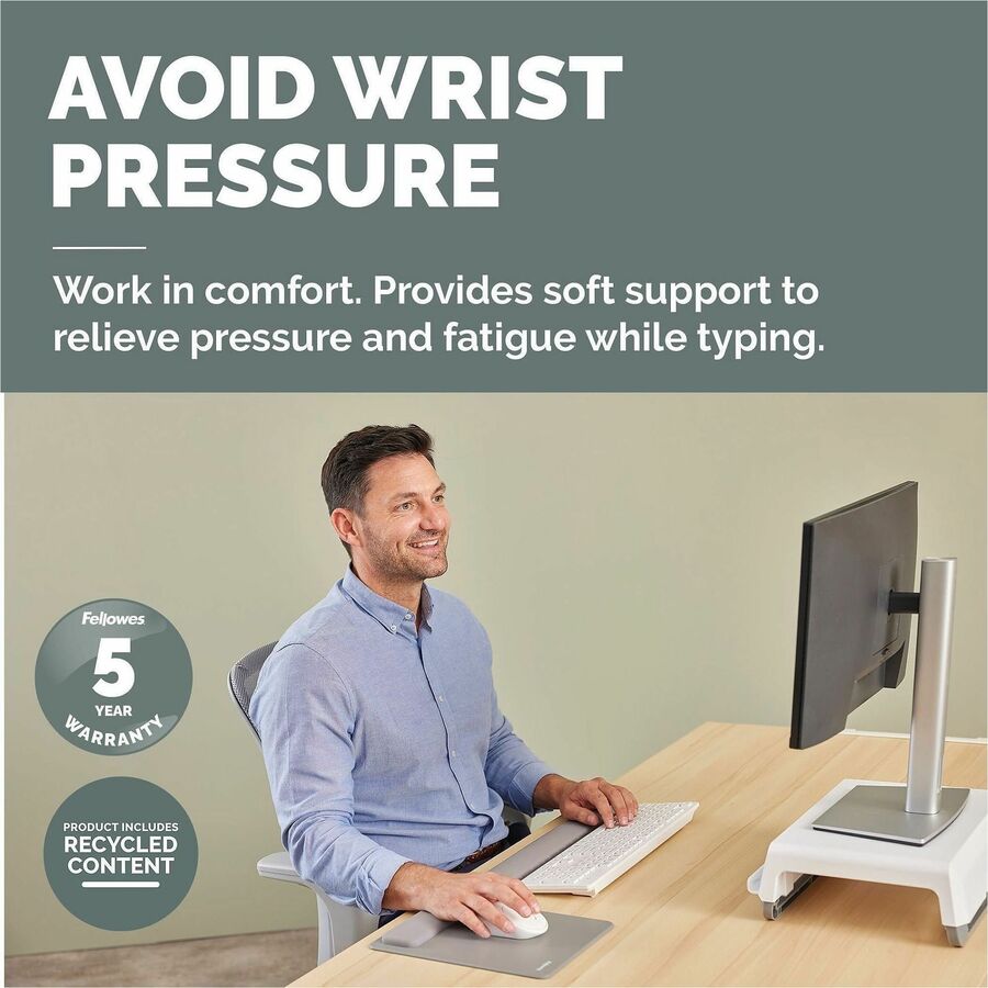 Image of Fellowes 100145416 Breyta Keyboard Wrist Rest, Grey, 0.68" H x 2.36" W x 18.50" Depth, Gray, Dust Resistant, Keyboard, Retail