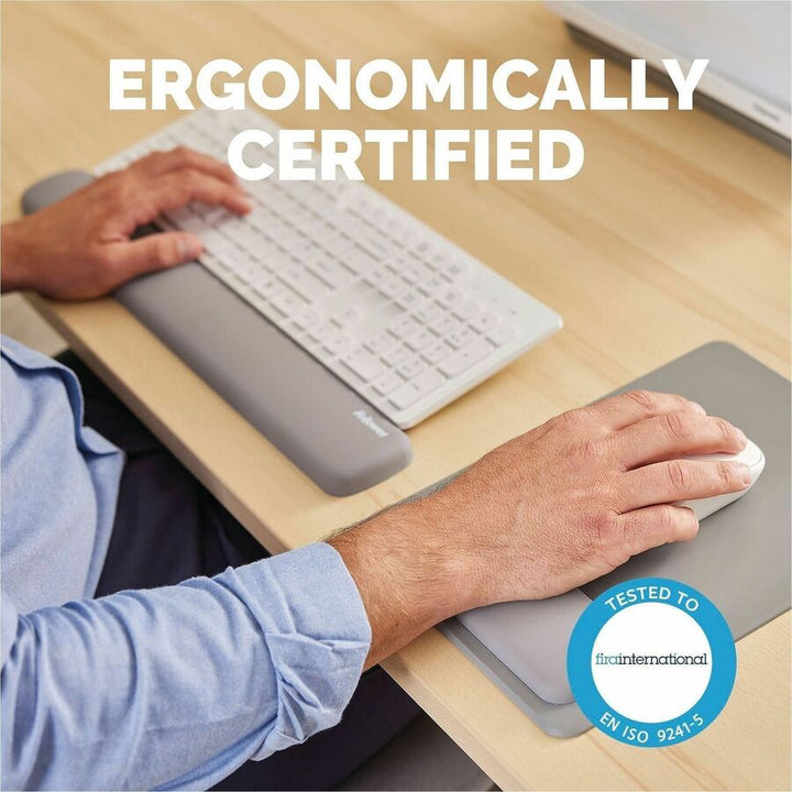 Image of Fellowes 100145416 Breyta Keyboard Wrist Rest, Grey, 0.68" H x 2.36" W x 18.50" Depth, Gray, Dust Resistant, Keyboard, Retail