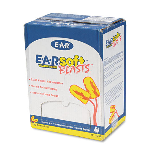 Image of 3M 311-1252 E-A-Rsoft Yellow Neon Blasts Soft Foam Earplugs, Corded, 33 dB NRR, One Size Fits Most, Yellow/Orange Bullet Plugs, 200/Box