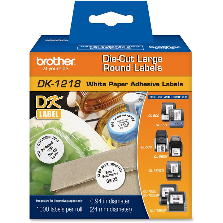 Image of Brother DK1218/1219 Die-Cut Round Labels, 1" Length, Direct Thermal, White, 1000 / Roll, 1 Roll