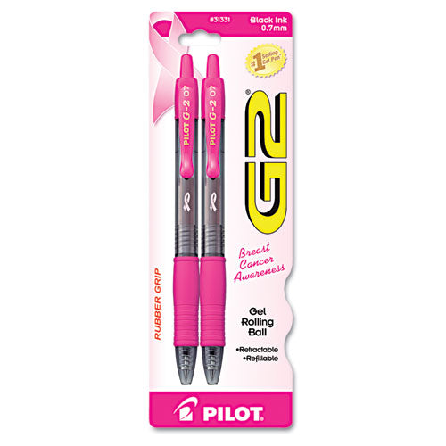 Image of Pilot® 31331 G2 Premium Breast Cancer Awareness Gel Pen, Retractable, Fine 0.7 mm, Black Ink, Smoke/Pink Barrel, 2/Pack