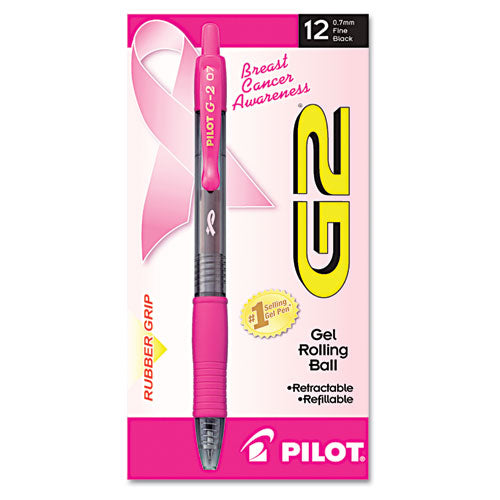 Image of Pilot® 31332 G2 Premium Breast Cancer Awareness Gel Pen, Retractable, Fine 0.7 mm, Black Ink, Smoke/Pink Barrel, Dozen