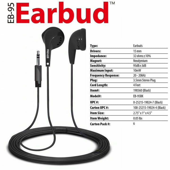 Image of Maxell® EB-95 Stereo Earbuds, 3 ft Cord, Black