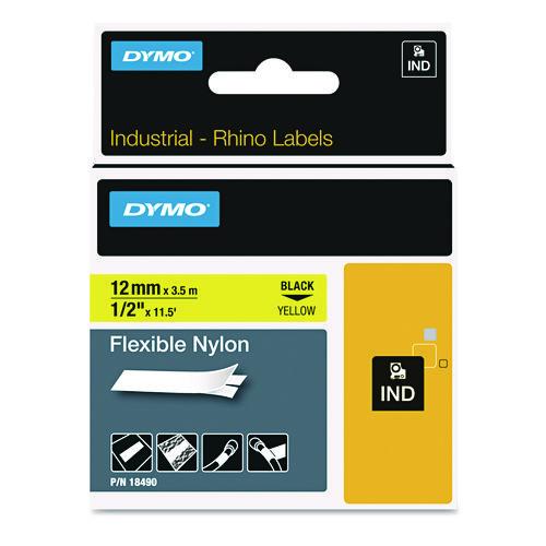 Image of DYMO® 18490 Rhino Flexible Nylon Industrial Label Tape, 0.5" X 11.5 Ft, Yellow/black Print