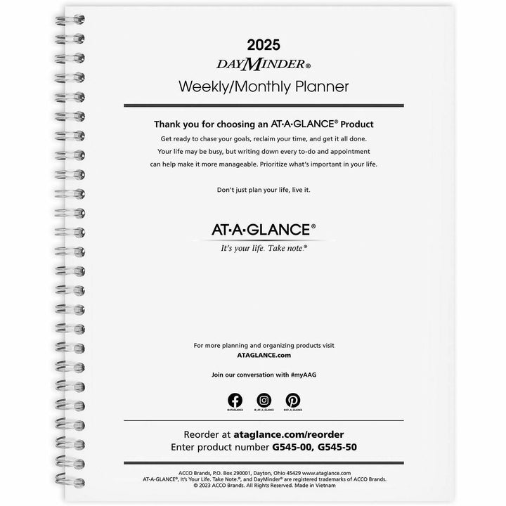 Image of AT-A-GLANCE® DayMinder Executive Weekly/Monthly Refill, 8.75 x 7, White Sheets, 12-Month (Jan to Dec): 2025