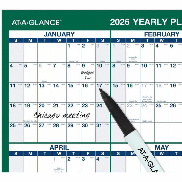 Image of AT-A-GLANCE® Erasable Wall Calendar,Vertical,2-Sided,24"x36",Green/Blue