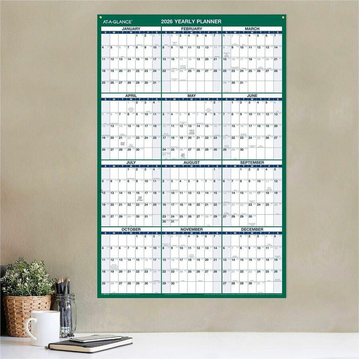 Image of AT-A-GLANCE® Erasable Wall Calendar,Vertical,2-Sided,24"x36",Green/Blue