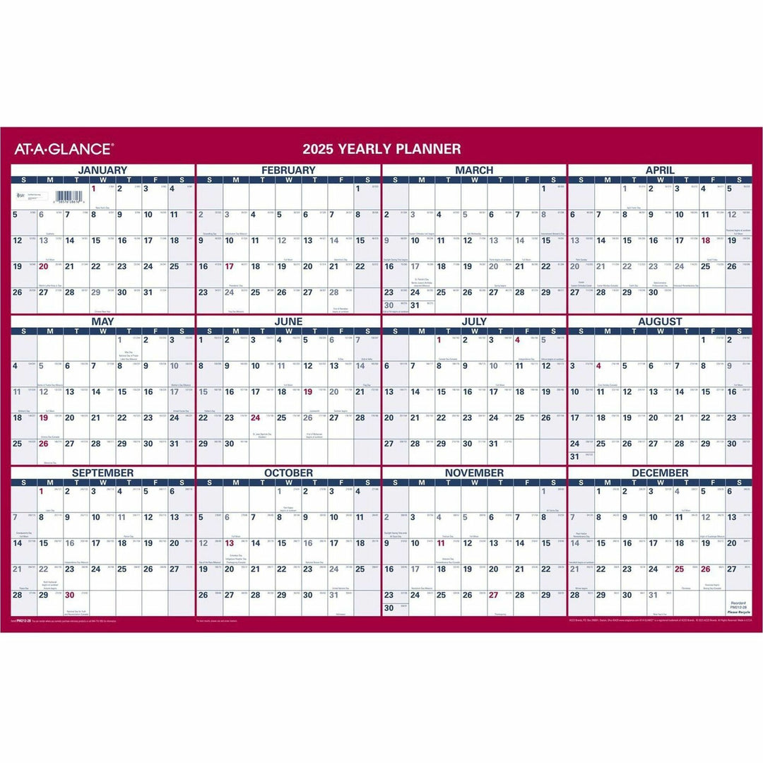 Image of AT-A-GLANCE® Vertical/Horizontal Wall Calendar, 24 x 36, White/Blue/Red Sheets, 12-Month (Jan to Dec): 2025