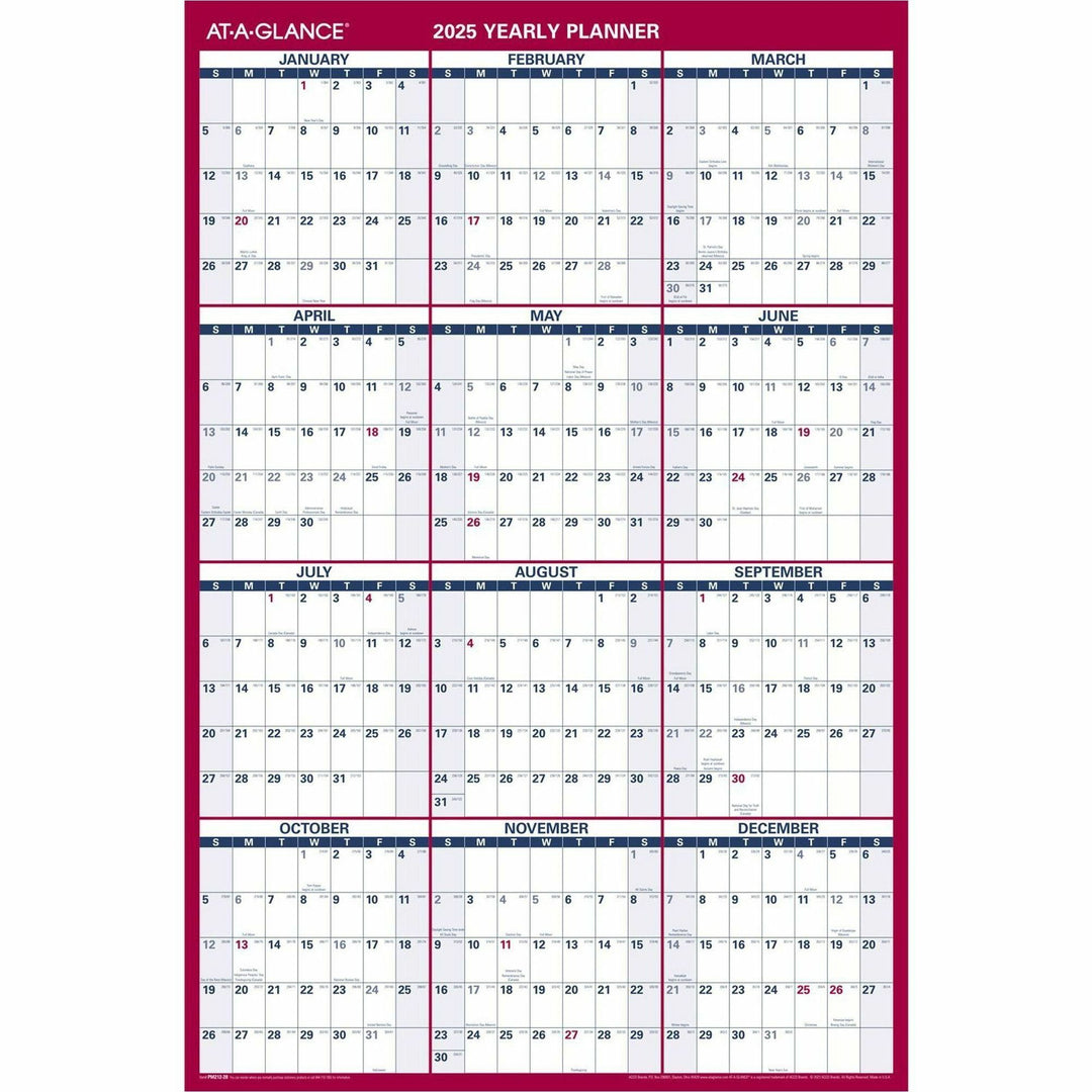 Image of AT-A-GLANCE® Vertical/Horizontal Wall Calendar, 24 x 36, White/Blue/Red Sheets, 12-Month (Jan to Dec): 2025
