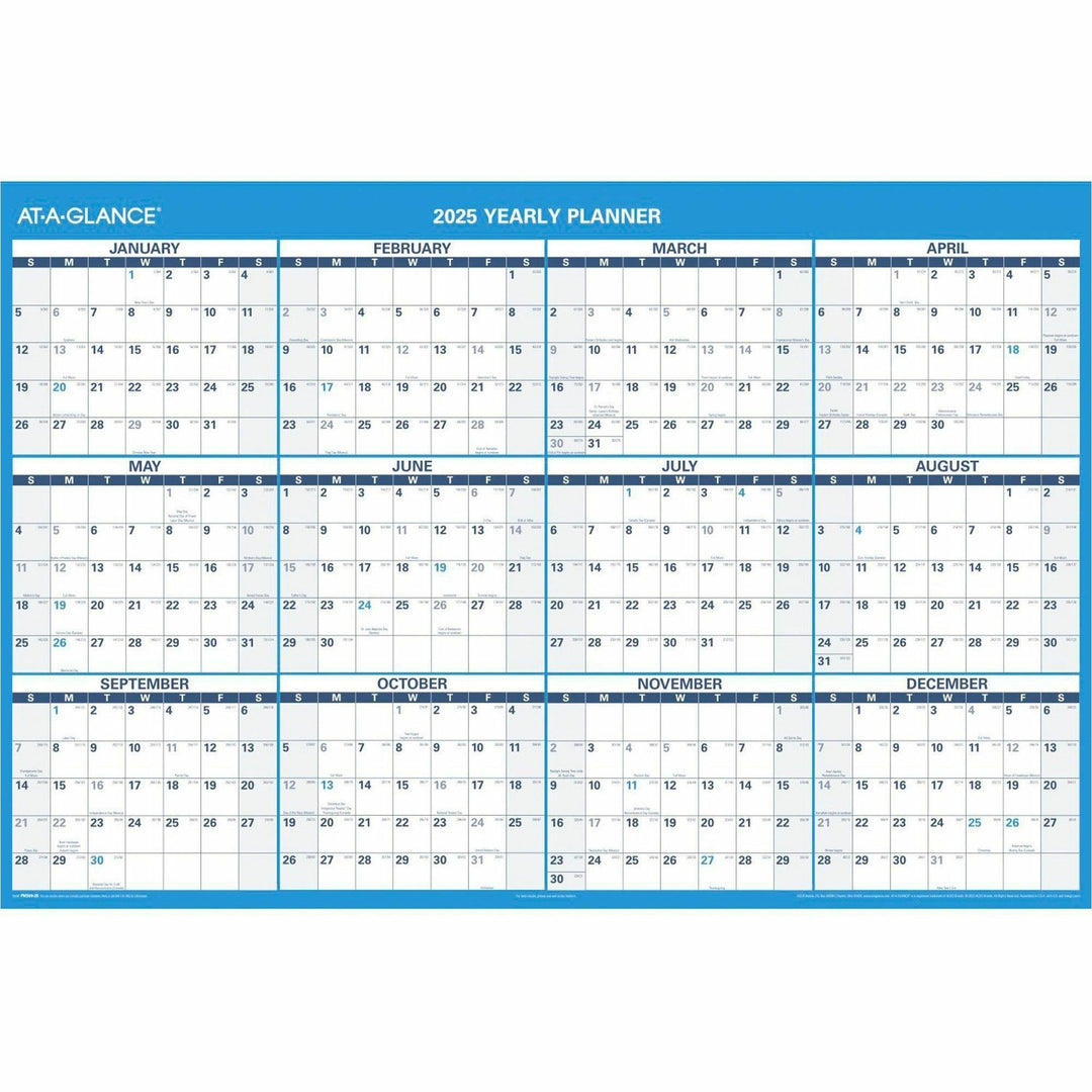 Image of AT-A-GLANCE® Horizontal Reversible/Erasable Wall Planner, 48 x 32, White/Blue Sheets, 12-Month (Jan to Dec): 2025