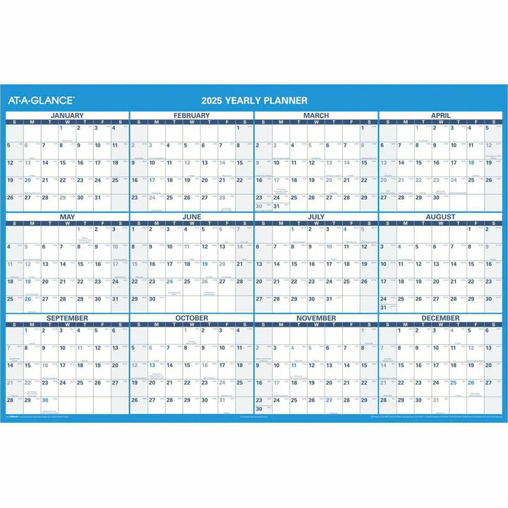 Image of AT-A-GLANCE® Horizontal Reversible/Erasable Wall Planner, 48 x 32, White/Blue Sheets, 12-Month (Jan to Dec): 2025