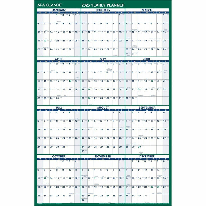 Image of AT-A-GLANCE® Vertical Erasable Wall Planner, 32 x 48, White/Green Sheets, 12-Month (Jan to Dec): 2025