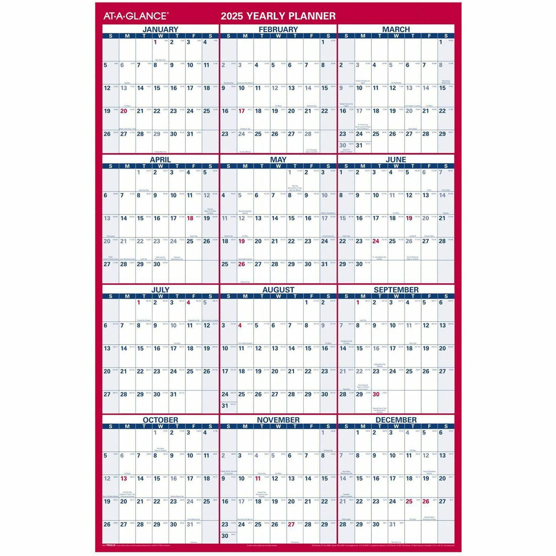 Image of AT-A-GLANCE® Erasable Vertical/Horizontal Wall Planner, 32 x 48, White/Blue/Red Sheets, 12-Month (Jan to Dec): 2025