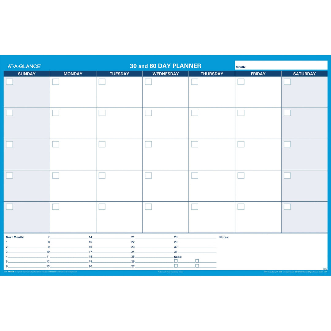 Image of AT-A-GLANCE® 30/60-Day Undated Horizontal Erasable Wall Planner, 48 X 32, White/blue Sheets, Undated