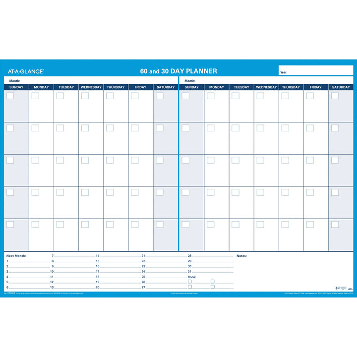 Image of AT-A-GLANCE® 30/60-Day Undated Horizontal Erasable Wall Planner, 48 X 32, White/blue Sheets, Undated