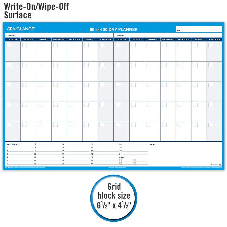 Image of AT-A-GLANCE® 30/60-Day Undated Horizontal Erasable Wall Planner, 48 X 32, White/blue Sheets, Undated