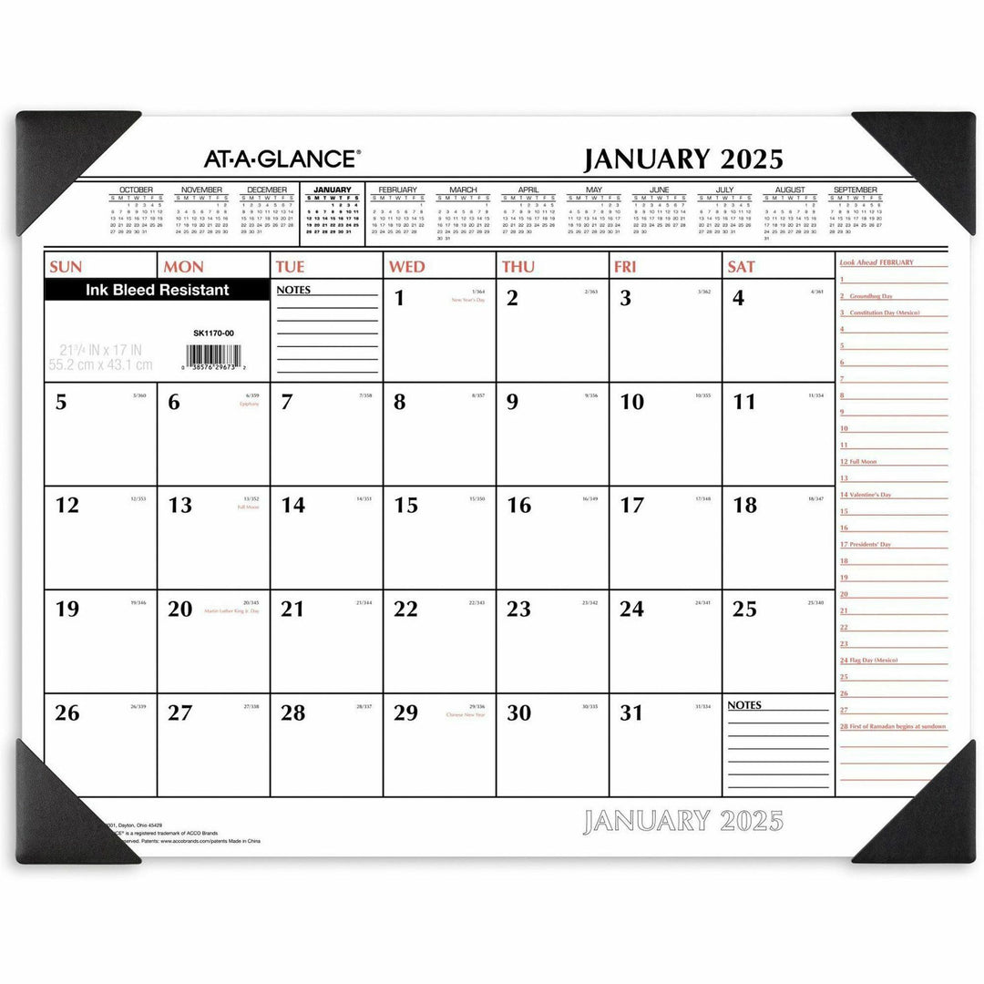Image of AT-A-GLANCE® Two-Color Monthly Desk Pad Calendar, 22 x 17, White Sheets, Black Corners, 12-Month (Jan to Dec): 2025