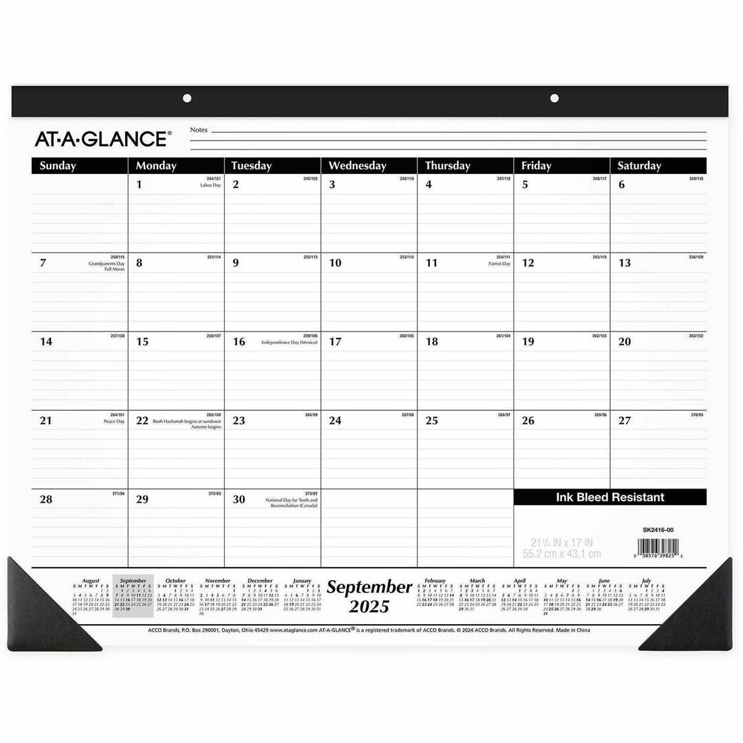 Image of AT-A-GLANCE® Academic Year Ruled Desk Pad, 21.75 x 17, White Sheets, Black Binding, Black Corners, 16-Month (Sept to Dec): 2024 to 2025