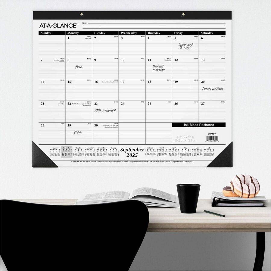 Image of AT-A-GLANCE® Academic Year Ruled Desk Pad, 21.75 x 17, White Sheets, Black Binding, Black Corners, 16-Month (Sept to Dec): 2024 to 2025
