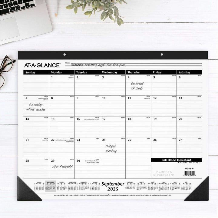 Image of AT-A-GLANCE® Academic Year Ruled Desk Pad, 21.75 x 17, White Sheets, Black Binding, Black Corners, 16-Month (Sept to Dec): 2024 to 2025