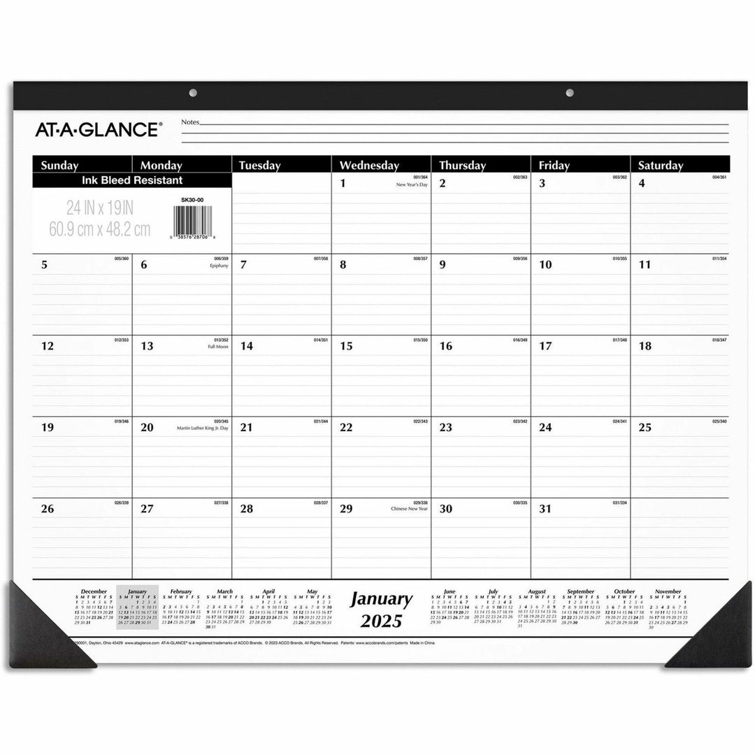 Image of AT-A-GLANCE® Ruled Desk Pad, 24 x 19, White Sheets, Black Binding, Black Corners, 12-Month (Jan to Dec): 2025