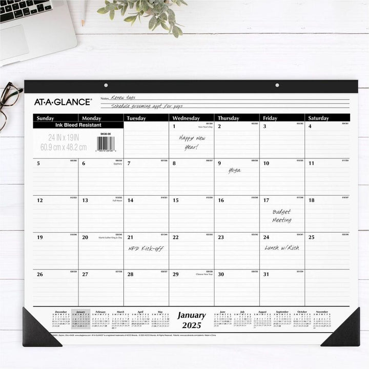 Image of AT-A-GLANCE® Ruled Desk Pad, 24 x 19, White Sheets, Black Binding, Black Corners, 12-Month (Jan to Dec): 2025