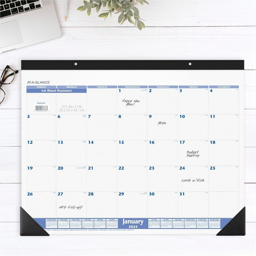 Image of AT-A-GLANCE® Desk Pad, 22 x 17, White Sheets, Black Binding, Black Corners, 12-Month (Jan to Dec): 2025