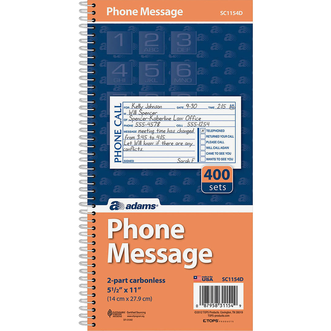 Image of Adams Phone Message Book, Spiral, 11"x5-1/2", 400 Sets/Book, Multi