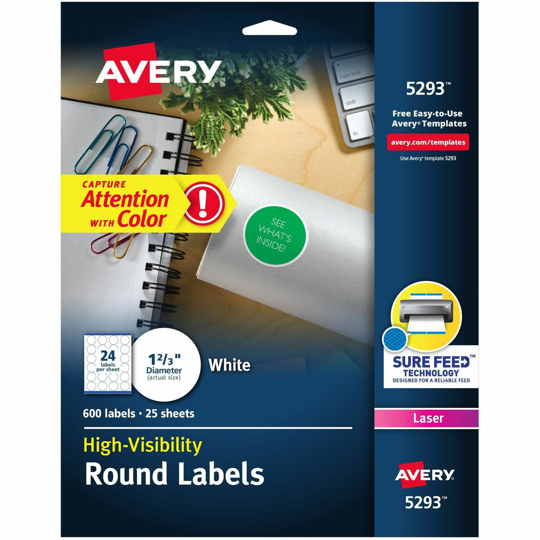 Image of Avery® Permanent Laser Print-to-the-Edge ID Labels w/SureFeed, 1.66" dia, White, 600/PK