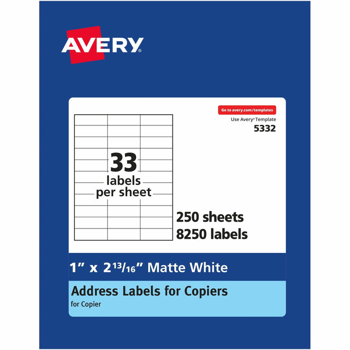 Image of Avery® Copier Mailing Labels, Copiers, 1 X 2.81, White, 33/sheet, 250 Sheets/box