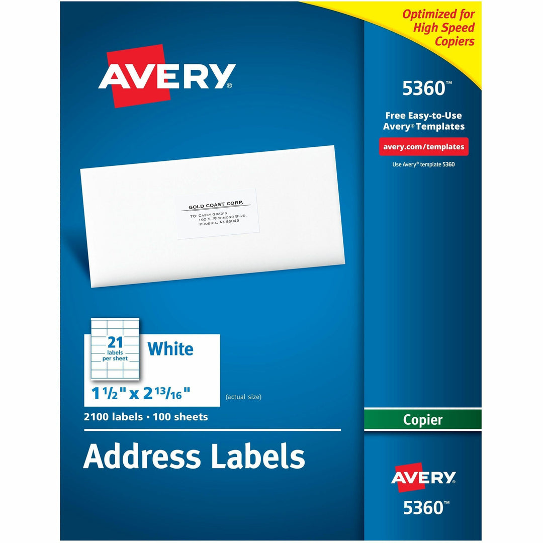 Image of Avery® Copier Mailing Labels, Copiers, 1.5 X 2.81, White, 21/sheet, 100 Sheets/box
