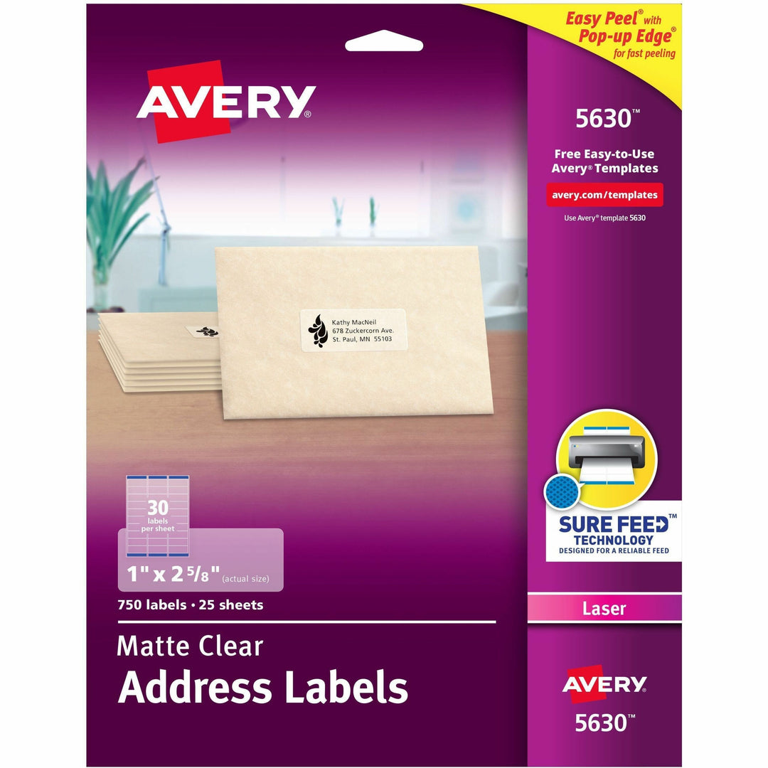 Image of Avery® Matte Clear Easy Peel Mailing Labels W/ Sure Feed Technology, Laser Printers, 1 X 2.63, Clear, 30/sheet, 25 Sheets/box