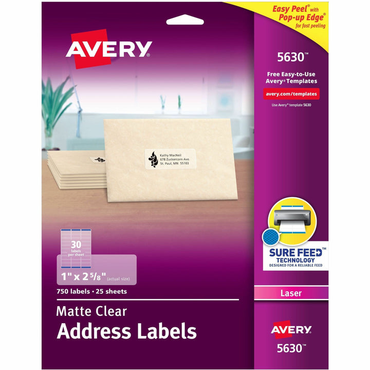 Image of Avery® Matte Clear Easy Peel Mailing Labels W/ Sure Feed Technology, Laser Printers, 1 X 2.63, Clear, 30/sheet, 25 Sheets/box