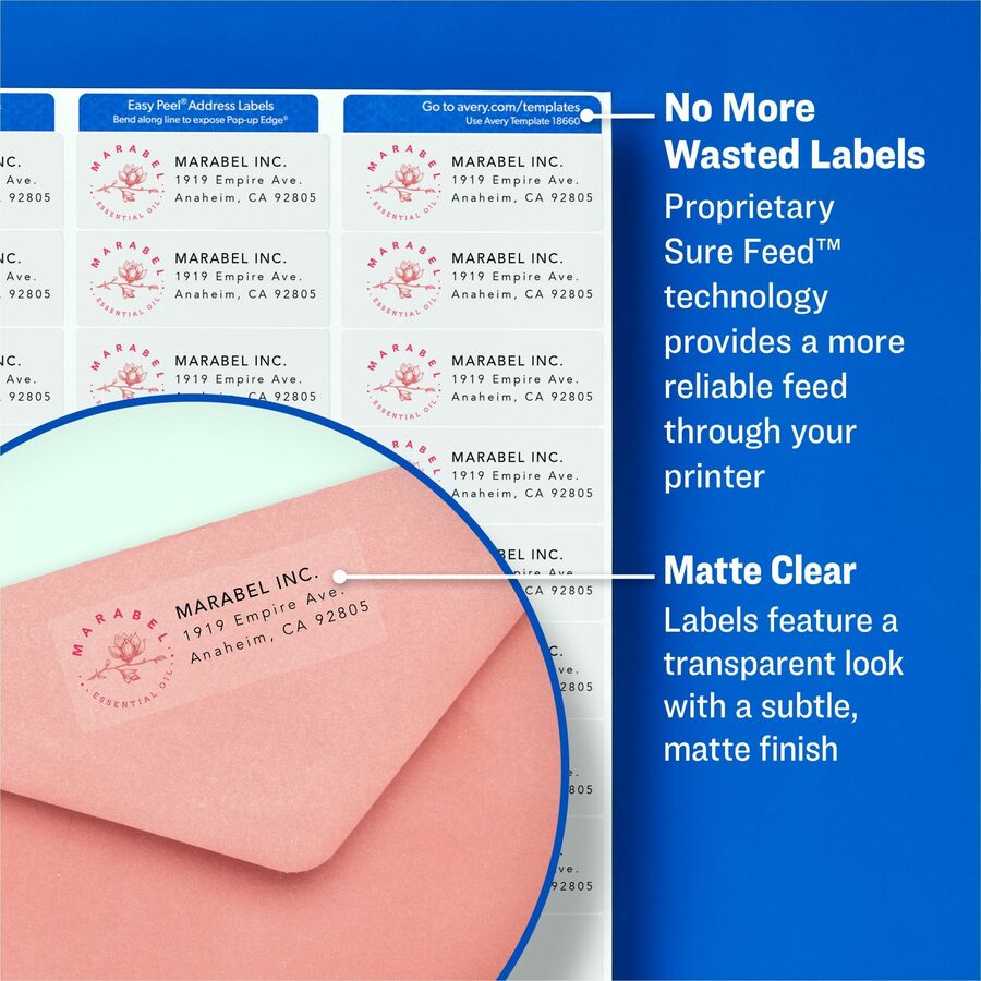 Image of Avery® Matte Clear Easy Peel Mailing Labels W/ Sure Feed Technology, Laser Printers, 1 X 2.63, Clear, 30/sheet, 25 Sheets/box