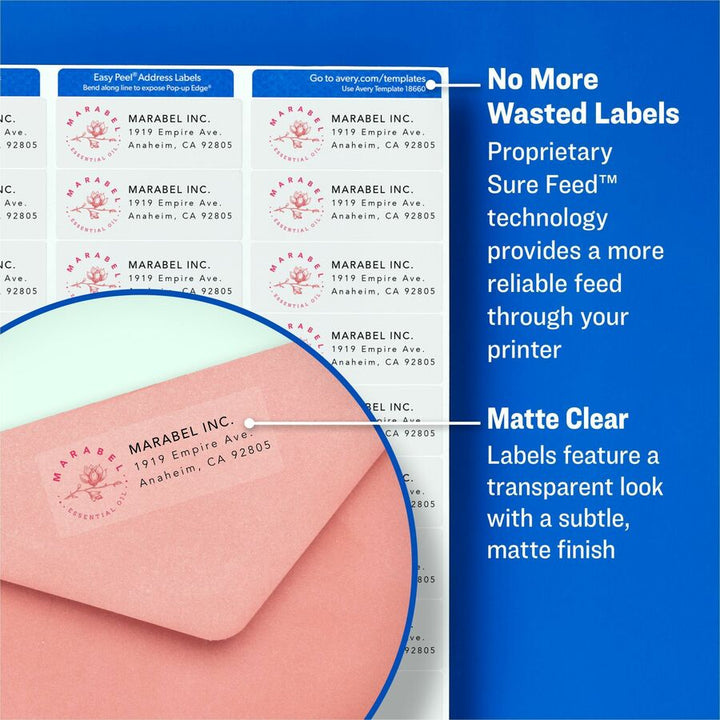 Image of Avery® Matte Clear Easy Peel Mailing Labels W/ Sure Feed Technology, Laser Printers, 1 X 2.63, Clear, 30/sheet, 25 Sheets/box