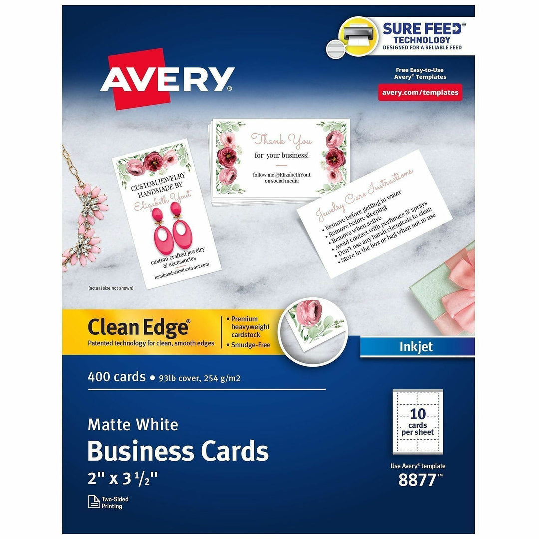 Image of Avery® True Print Clean Edge Business Cards, Inkjet, 2 X 3.5, White, 400 Cards, 10 Cards/sheet, 40 Sheets/box